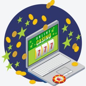 Bærbar PC med et nettkasino på skjermen veddemålsbrikker og penger i nærheten