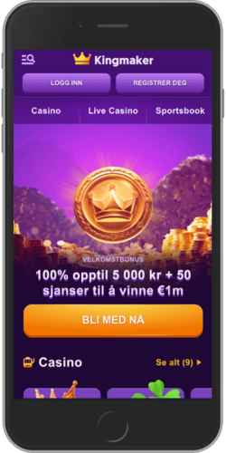 Mobilskjermbilde av Kingmaker -hjemmesiden