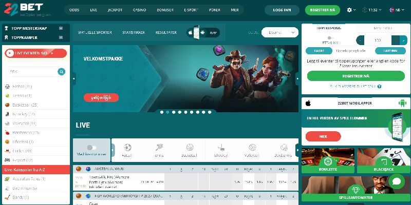 skjermbildet av hovedsiden 22bet