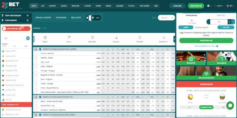 Skjermbilde av 22bet sportsside