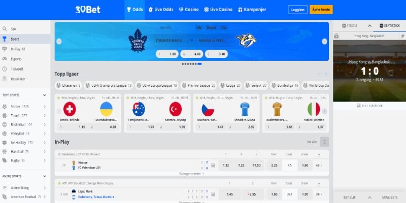 Skjermbilde av 30Bet sportsside