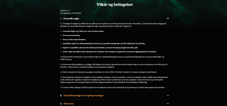Skjermbilde av vilkår og betingelser hos Crown Play casino