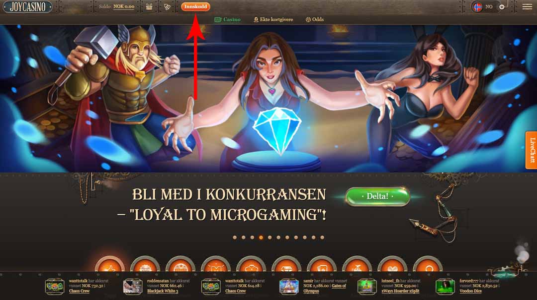 Steg 2 Trykk på innskudd knappen på nettkasinoet
