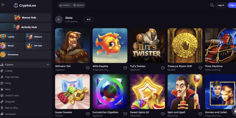 Skjermbilde av siden med kasinospilleautomater Cryptoleo 
