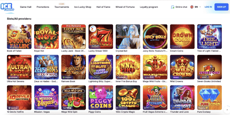 Skjermbilde av siden med kasinospilleautomater IceCasino
