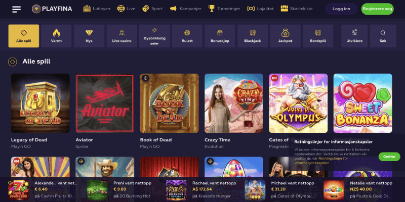 Skjermbilde av siden med kasinospilleautomater Playfina