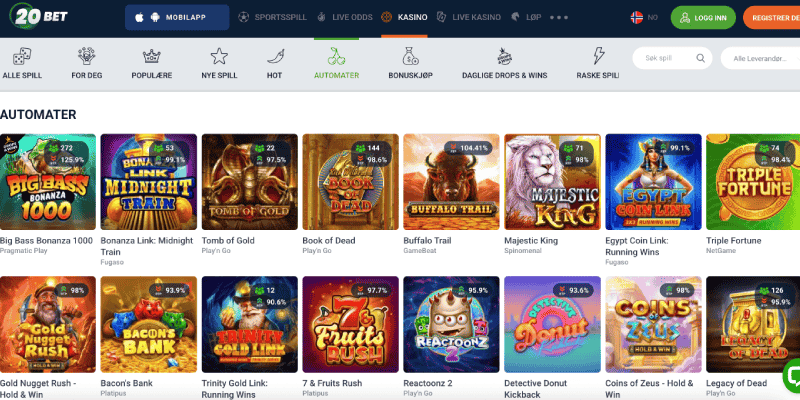 Skjermbilde av 20Bet casino-siden