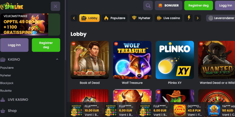 Skjermbilde av Spinline casino-siden