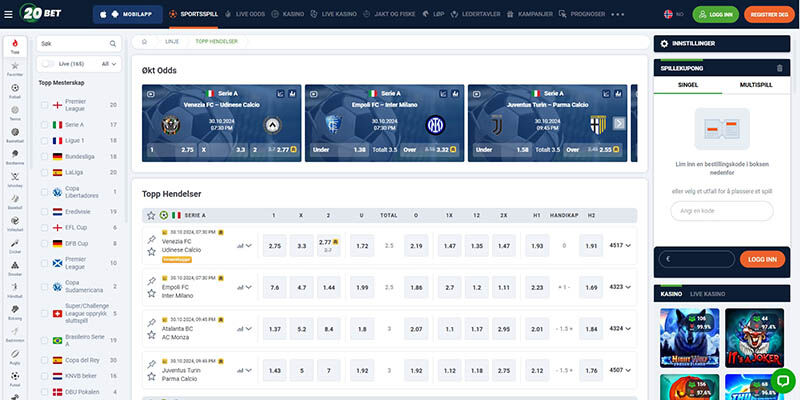 Skjermbilde av 20bet-sportssiden