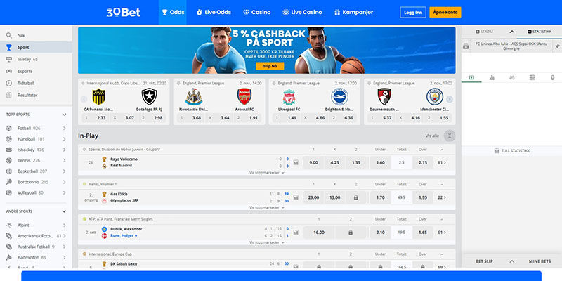 Skjermbilde av 30bet-sportssiden