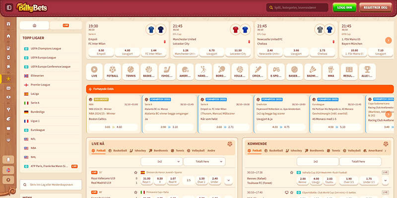 Skjermbilde av BillyBets sportsside