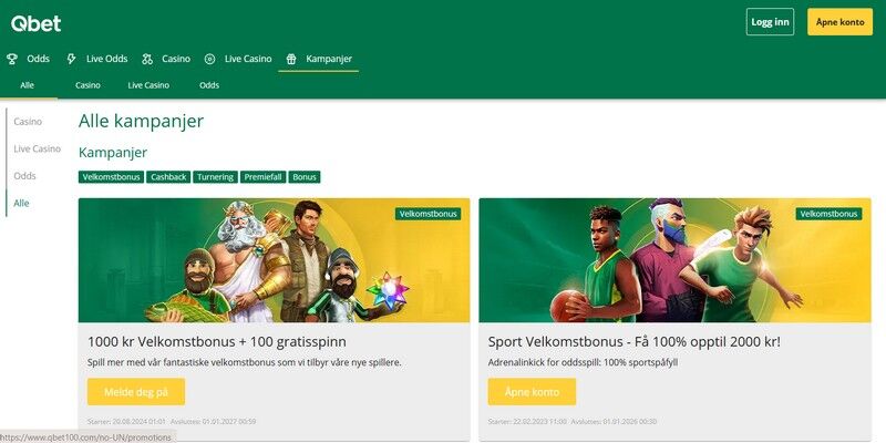 Skjermbilde av bookmakerens kampanjeside Qbet