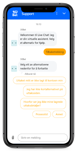 Mobilskjermbilde av 30Bet-støttesiden