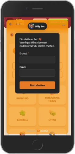 Mobilskjermbilde av Billybets-støttesiden