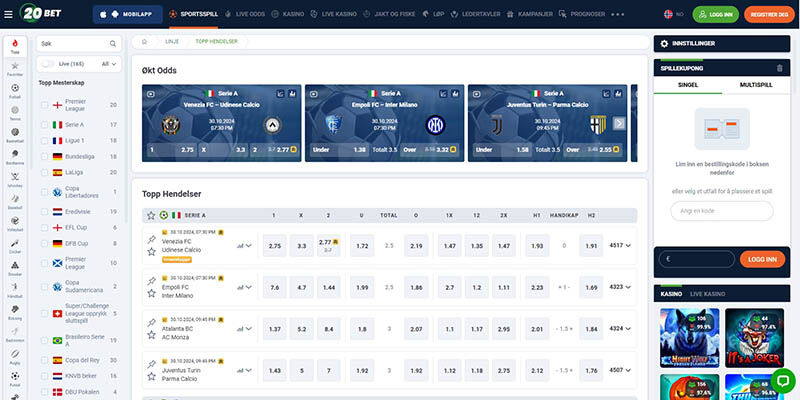 Skjermbilde av sportssiden til bookmakeren 20bet
