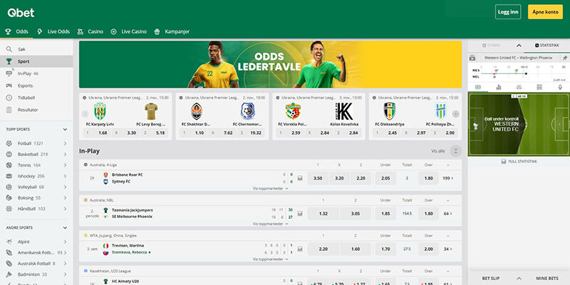 Skjermbilde av sportssiden til bookmakeren Qbet