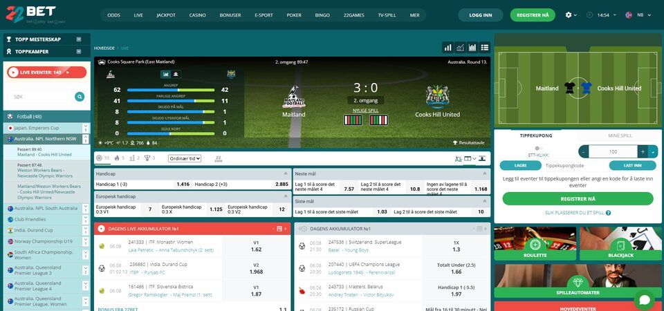 Bilde av fotball-siden til 22Bet