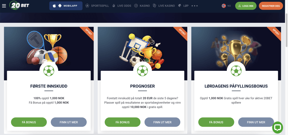 Skjermbilde av 20Bet-bonussiden