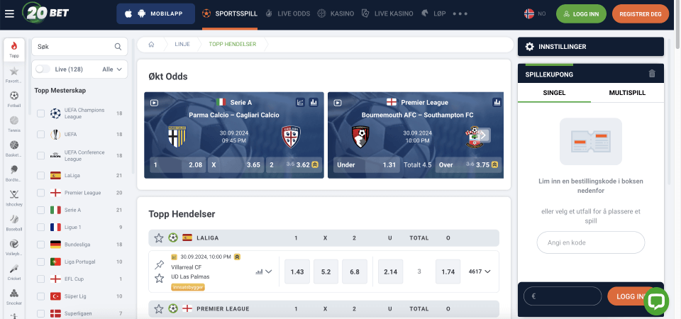 Skjermbilde av 20Bet sportssiden