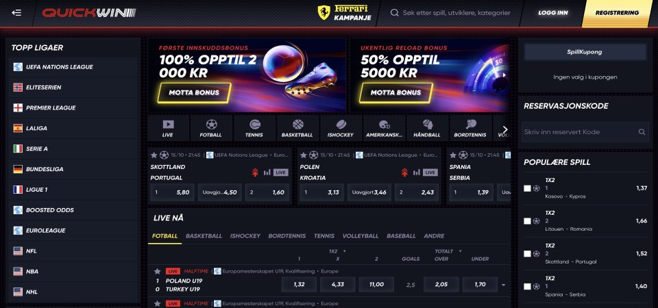 Skjermbilde av QuickWin-stasjonær sportsside