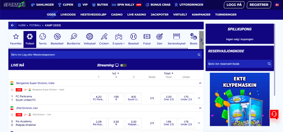 Skjermbilde av sportssiden til bookmakeren Sportaza