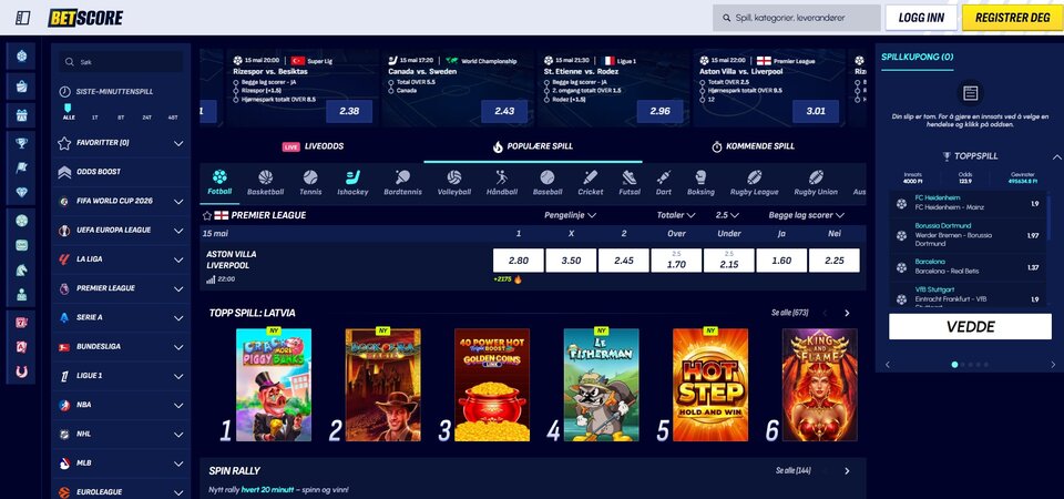 Skjermbilde av sportsbetting hos BetScore