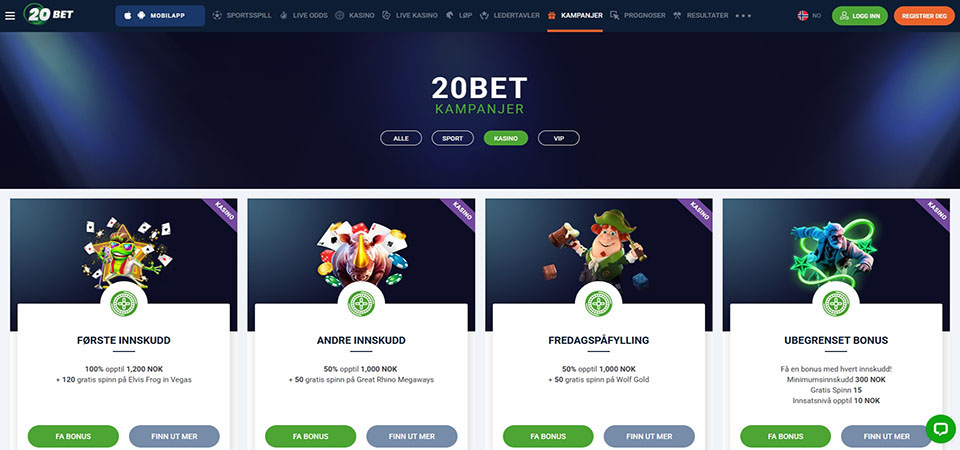 Screenshot of the 20bet promo page