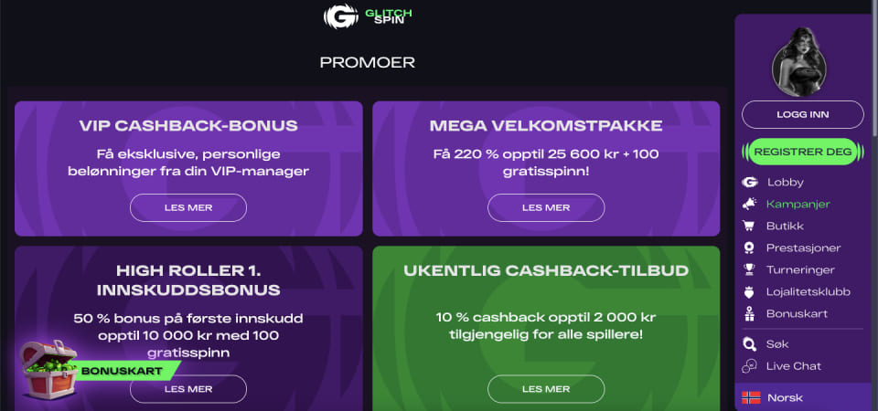 Skjermbilde av GlitchSpin Casinos bonusside