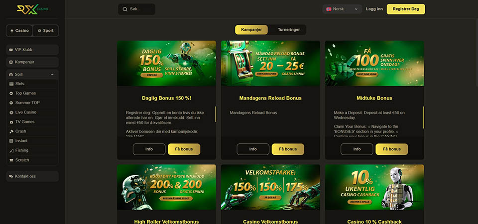 Skjermbilde av RX Casino-kampanjesiden