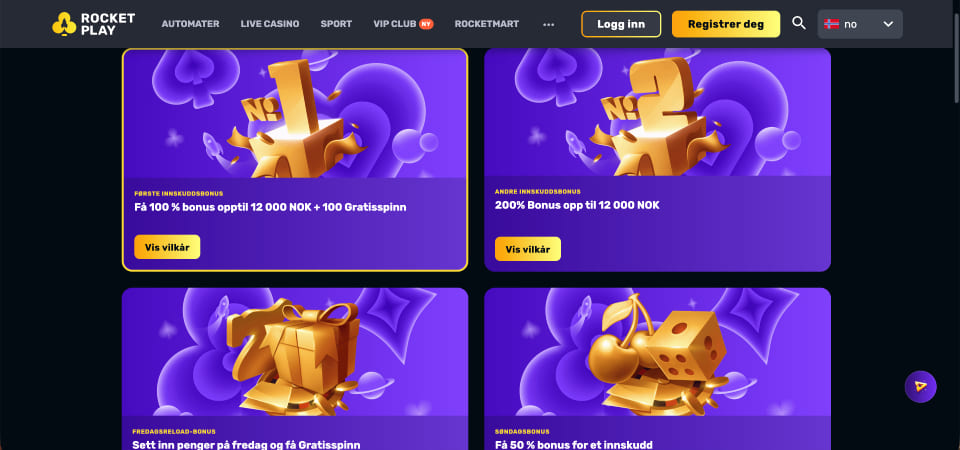 Skjermbilde av RocketPlay Casinos bonusside