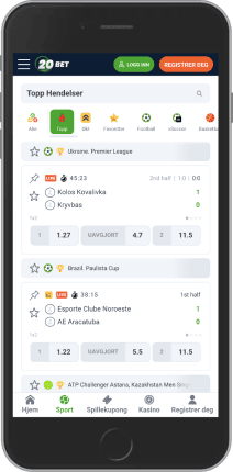 Mobilskjermbilde av 20Bet liveside
