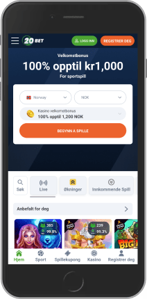 Mobilskjermbilde av 20Bet hjemmeside