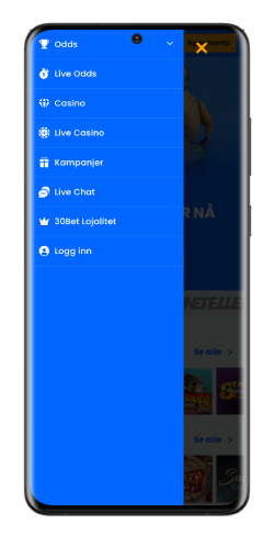Et skjermbilde av mobilversjonen av hovedmenyen til 30bet-appen