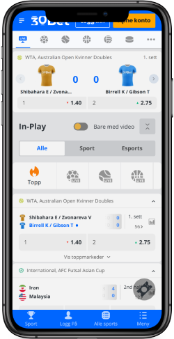 Skjermbilde av mobilversjonen av 30bets liveside for iOS