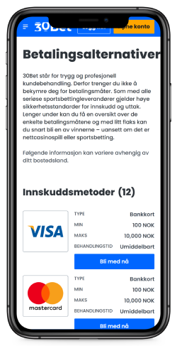 Mobilskjermbilde av 30Bet-innskuddsiden