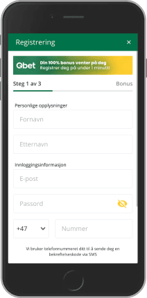 Mobilskjermbilde av Qbet-registreringssiden