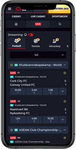 Skjermbilde av mobilversjonen av quickwin liveside for iOS