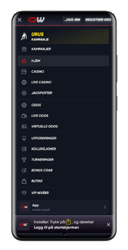 Et skjermbilde av mobilversjonen av hovedmenyen til Quickwin-appen