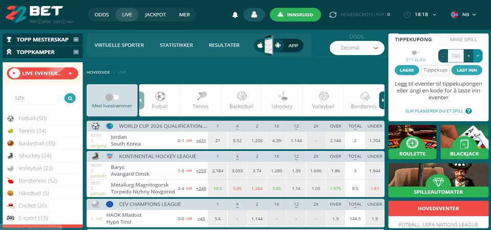 Skjermbilde av sportssiden til bookmakeren 22Bet