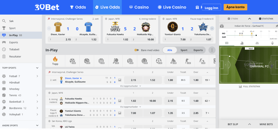 Skjermbilde av 30Bet sportssiden