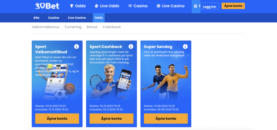Skjermbilde av 30Bet-bonussiden