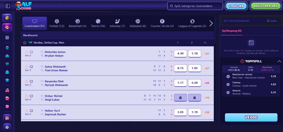 skjermbilde av alfcasino live-side