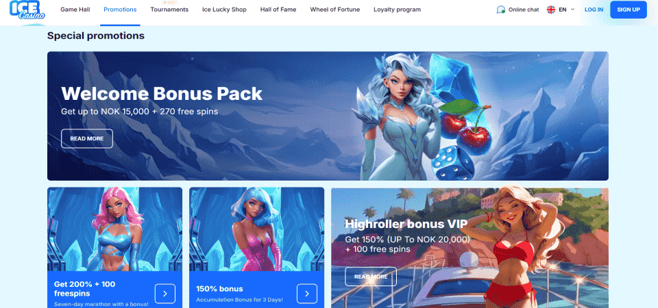 Skjermbilde av Ice Casino-kampanjesiden