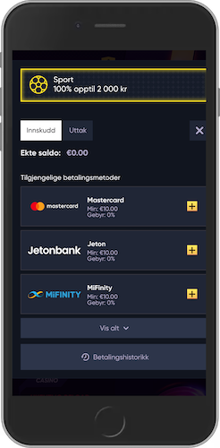 Mobilskjermbilde av QuickWin innskuddsmetoder