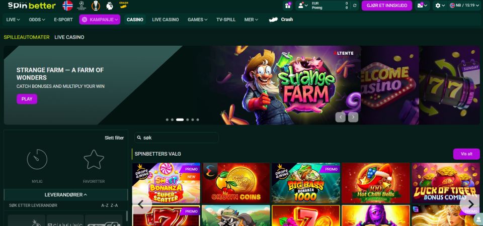 Skjermbilde av spinbetter-siden
