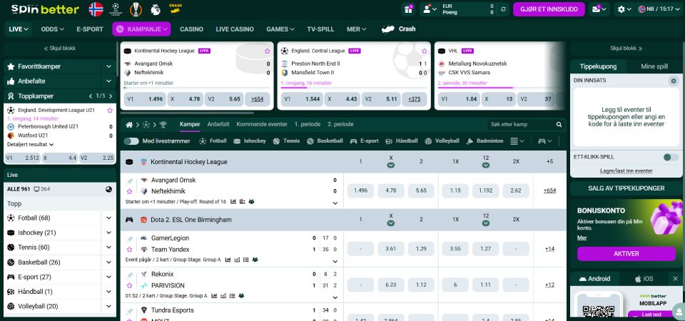 skjermbilde av spinbetter live-side
