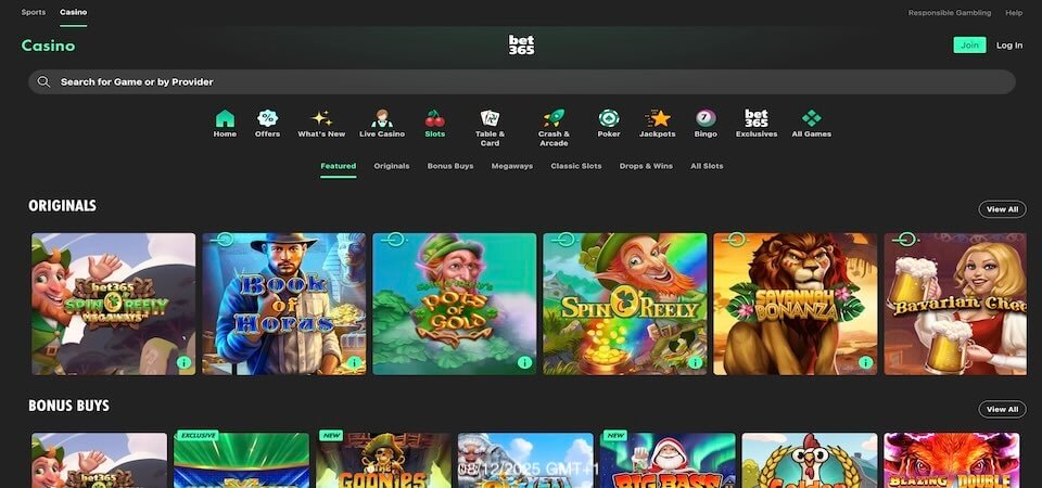 Skjermbilde av bet365 kasinosiden