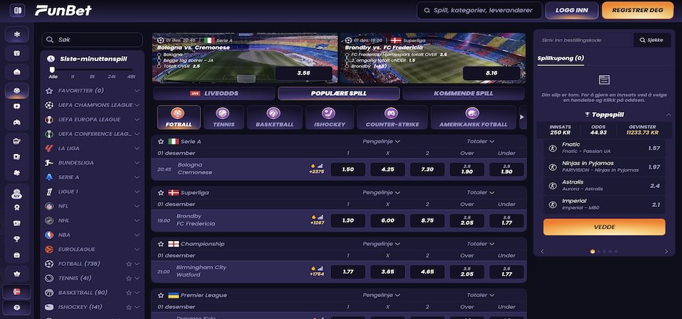 Mobilskjermbilde av Funbet-sportssiden